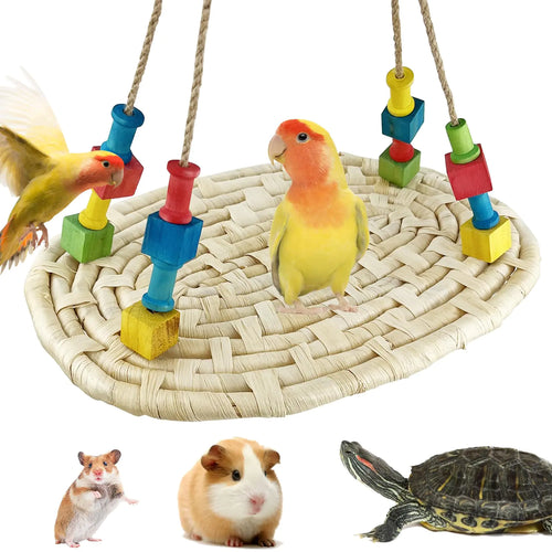 FlidRunest Bird Swing Hammock Mat with Colorful Chewing Block Natural Corn Woven Bird Climbing Hanging Swing Toy Perch Swing Toy for Hamster Lovebird Parakeet Conure Cockatiel ITDinos®