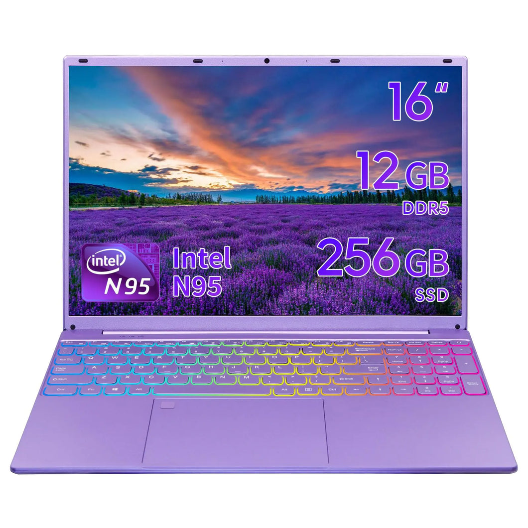 BINTEC Laptop Computer16 Inch Narrow Bezels FHD IPS DisplayCeleron N95 (Up to 3.4Ghz)，12GB DDR5，Windows 11 Laptop with Quad-Core，Color Backlit KB/Fingerprint Unlock/USB/Bluetooth（Purple/256GB） ITDinos®