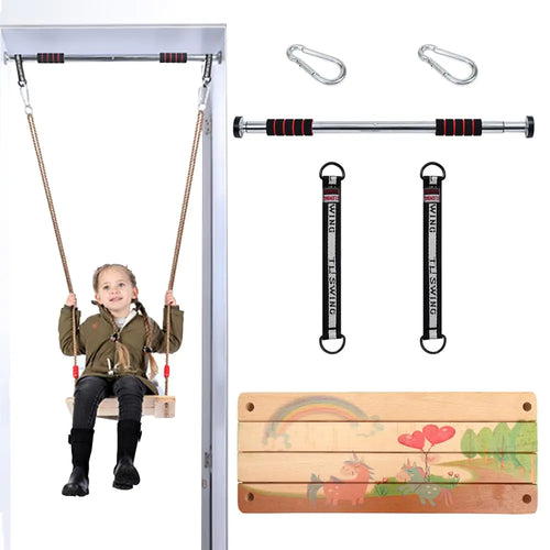 Doorway Swing Set Includes Wooden Swing for Kids & Indoor Pull Up Bar Colored Drawing Wood Rope Swing for Children Toy Gift Fit for 32.3