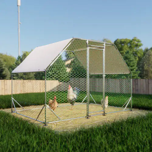 9.94 Ft. X 6.46 Ft. X 6.36 Ft. Metal Large Chicken Coop Walk-in Poultry Cage Run Flat Shaped With Waterproof Cover ITDinos®