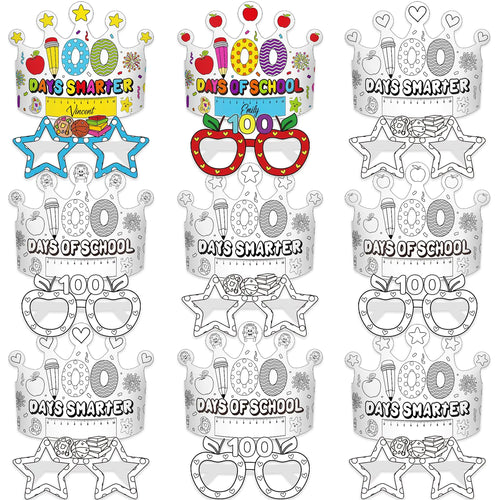 40pcs 100th Day of School Crowns Glasses 100th Day of School Decorations DIY Paper Glasses Crowns 100th Day of School Party Supplies 100 Day of School Activities Coloring Paper Hats for Kids ITDinos®
