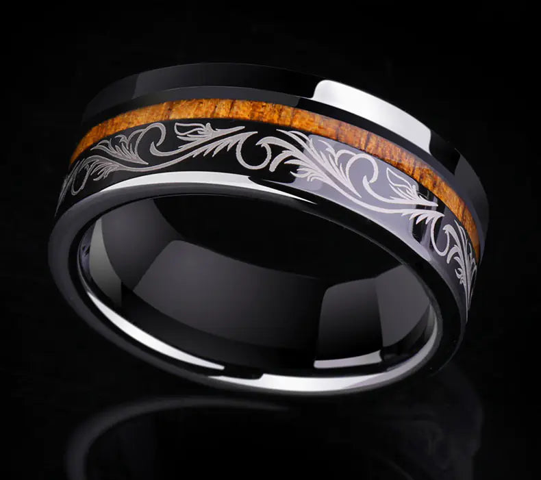 Black Tungsten Wood Inlay Ring - Custom Men's Design ITDinos®