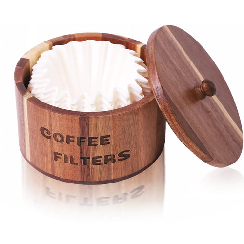 CATORY Coffee Filter Holder Acacia Wood Coffee Filter Storage Round Coffee Filter Container Coffee Bar Organizer Rustic Coffee Filter Dispenser Basket For Coffee Bar Decor ITDinos®
