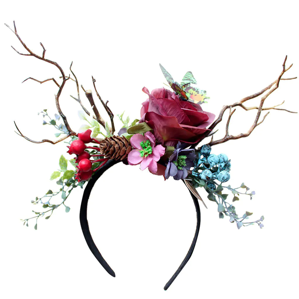 Exaggerated Christmas Antler Headband with Floral Accents