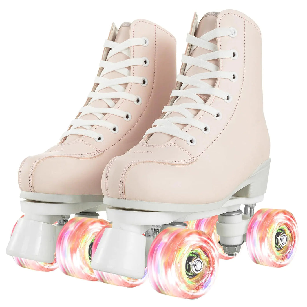 Womens Roller Skates Light Up Wheels Adjustable Double Row Roller Skates Outdoor Shiny Derby Skates Illuminating for Teens and Youth(Light Pink 39=US:7)