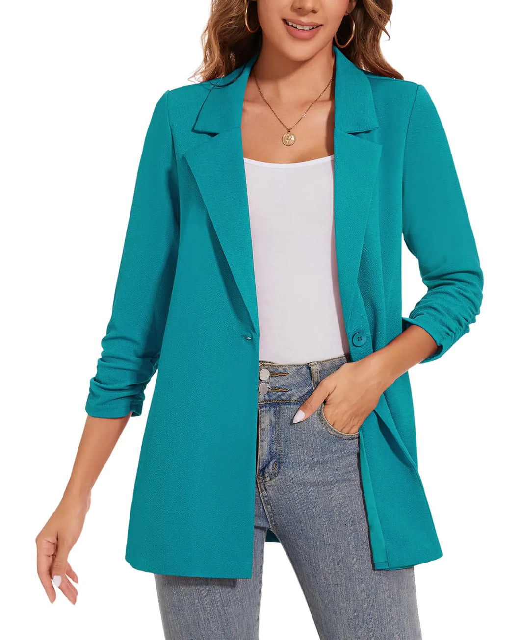 LADI TREND Womens Long Blazer Jackets Button Front Lapel Ruched 3/4 Sleeve Business Casual Office Work Lightweight Blazers Teal ITDinos®