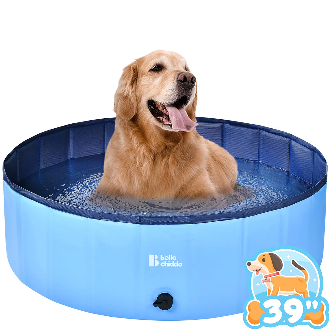 BELLOCHIDDO Foldable Dog Pool - Hard Plastic Pool for Dogs and Kids Non-slippery Dog Swimming Pool with PP Boards Kiddie Pool for Dogs Indoor&Outdoor Pet Bathing Tub with Water Drainage (39.5