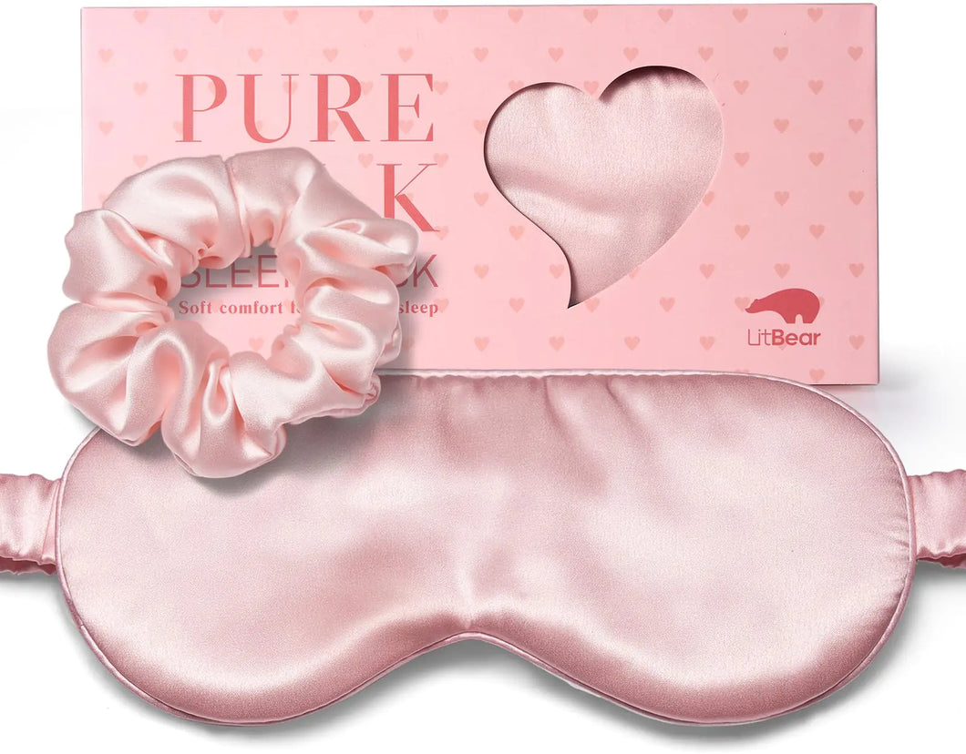 LitBear 100% Pure Silk Sleep Mask 22 Momme 6A Silk Fabric and Filling Total Light Blocking Mulberry Silk Eye Mask Sleeping for Women Men Side Sleepers Includes Travel Pouch and Silk Scrunchie