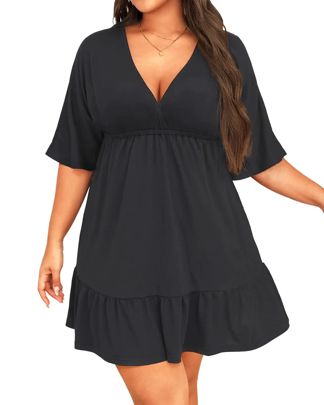 Daci Women Plus Size Swimsuit Cover Ups Black V Neck Bathing Suit Coverups Short Sleeve Beach Dress Swim Cover Up 16W ITDinos®
