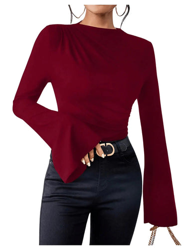 GORGLITTER Womens Flare Long Bell Sleeve Ruched Tee Tops Solid Stand Collar Tee Shirts Burgundy Medium ITDinos®