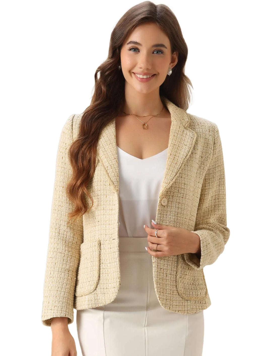 Allegra K Tweed Blazer for Womens Notch Lapel Long Sleeve 2024 Fall Elegant Business Casual Jacket Large Apricot ITDinos®