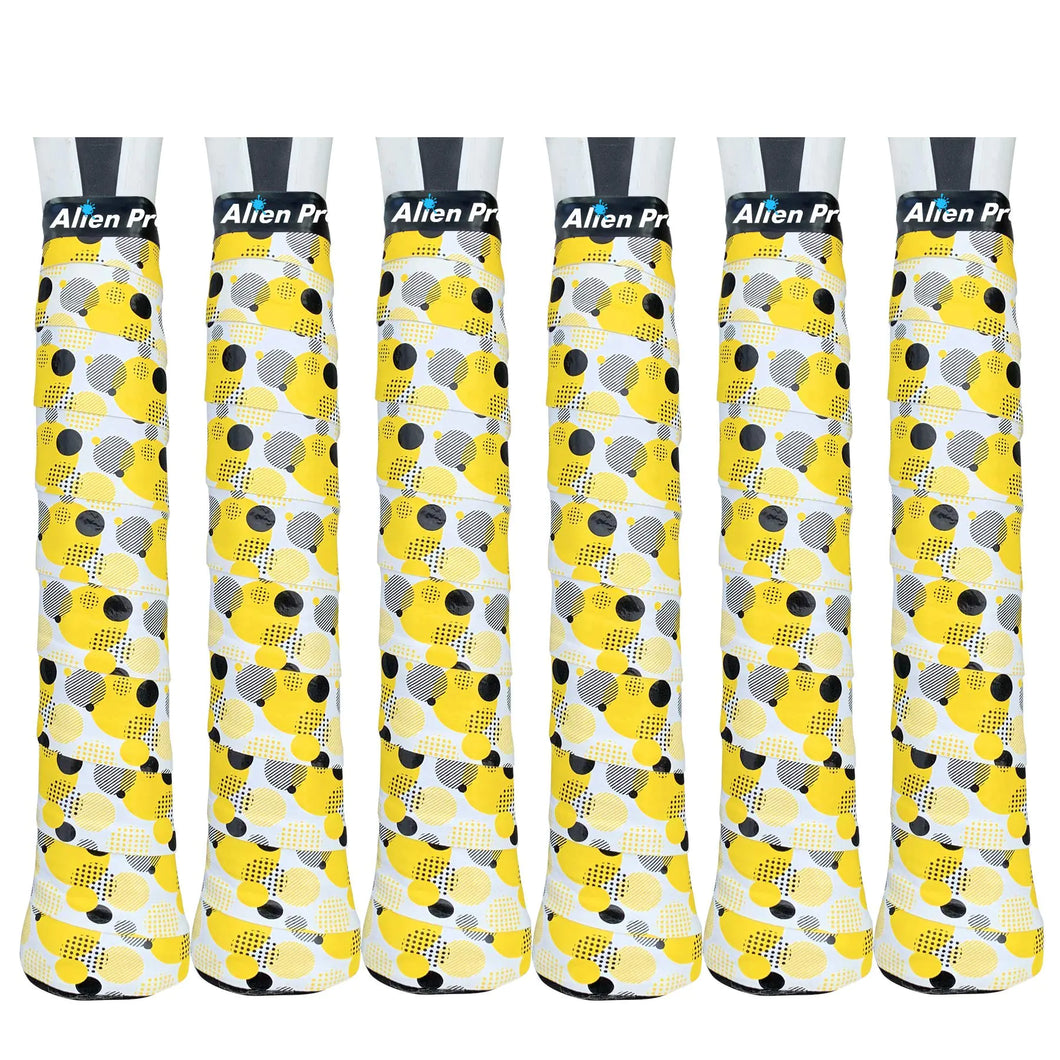 ALIEN PROS Tennis Racket Grip Tape (6 Grips) – Tac Moisture Feel Tennis Grip – Tennis Overgrip Grip Tape Tennis Racket – Wrap Your Racquet for High Performance (6 Grips Yellow Circles) ITDinos®