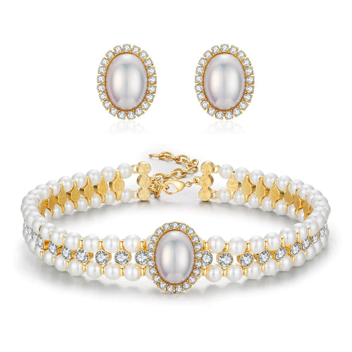 AJSOENO Elegant Pearl Necklace and Earrings Set for Women Rhinestone Pearl Choker Sets Jewelry for Wedding Prom ITDinos®