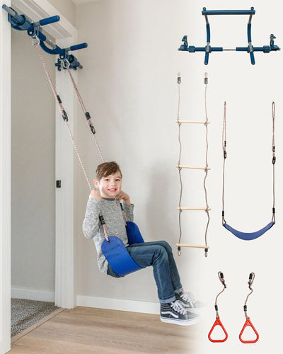 Gym1 4-Piece Doorway Swing Set Includes Sensory Swing for Kids Indoor Pull Up Bar for Adults Rings for Grip Power Agility Ladder Holds Up to 300 Lbs ITDinos®