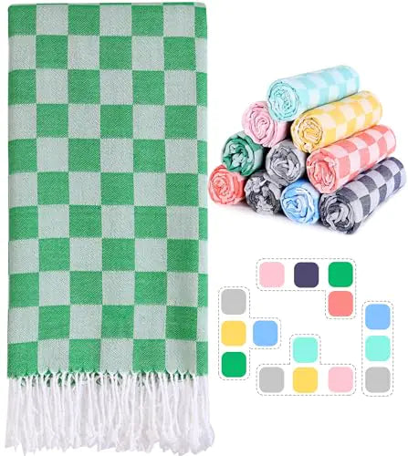Checkered Plaid Cotton Turkish Beach Towels Sandproof Quick Dry Thin Over Size 40 x 72 Toallas de Playa Organic Blanket Mat Cruise Essentials Summer Vacation Accessories Travel Must Haves Gear Items ITDinos®
