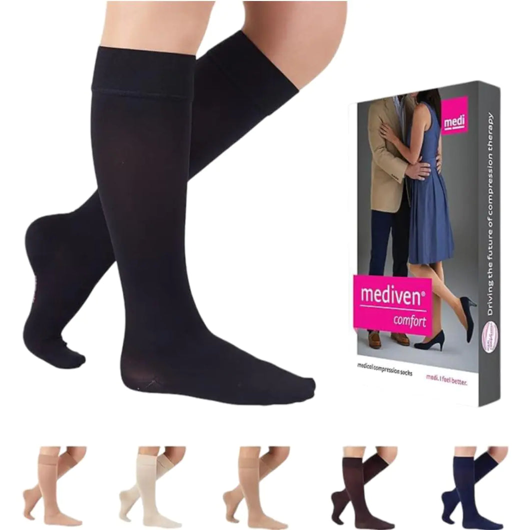 mediven Comfort for Women 15-20 mmHg – Closed Toe Leg Circulation Knee High Compression Stockings for Women Semi-Transparent Leg Support Compression Hosiery  II Ebony