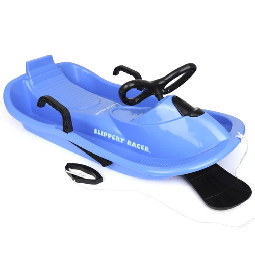 Slippery Racer Downhill Derby Flexible Plastic Toboggan Steerable Plastic Snow Sled with Built-In Brakes and Steering Wheel Blue ITDinos®