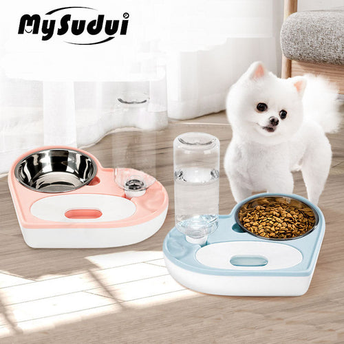 2 In 1 Pet Dog Cat Water Food Bowl Set Automatic Water Dispenser Bottle  Detachable Stainless Steel Small Puppy Dog Food Bowl Itdinos