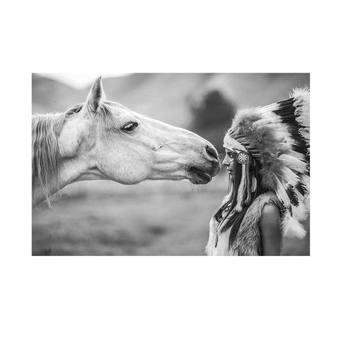 Black and White Native Indian with Horse Portrait Canvas Art Scandinavian Poster Print Wall Picture Itdinos