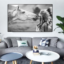 Lade das Bild in den Galerie-Viewer, Black and White Native Indian with Horse Portrait Canvas Art Scandinavian Poster Print Wall Picture Itdinos
