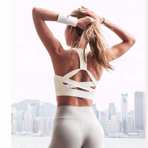 Women White Strap Push Up Sports Bra for Women Gym Running yoga top Bra Athletic Vest Hollow out Sportswear Underwear Itdinos