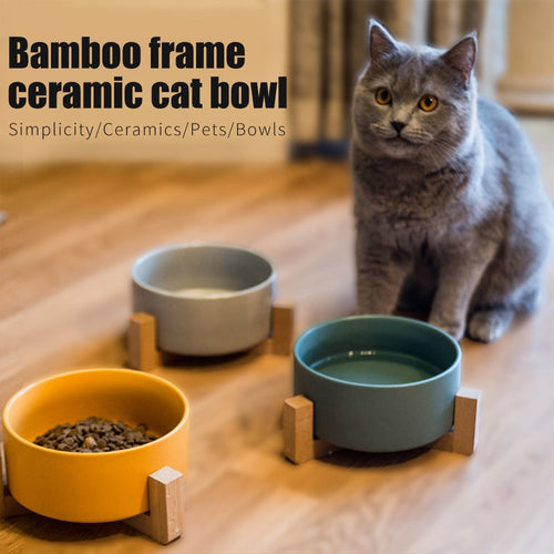 Ceramic Raised Cat Bowl With Wood Stand Itdinos