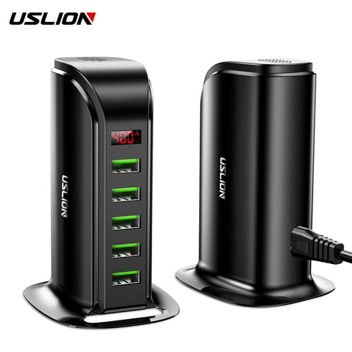 USLION 5 Port USB Charger HUB LED Display Multi USB Charging Station Dock Universal Mobile Phone Desktop Wall Home EU UK Plug Itdinos